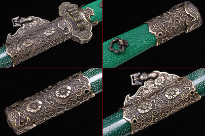 Emerald Green Genuine Ray Skin Scroll Floral Vintage Copper Fittings Sword