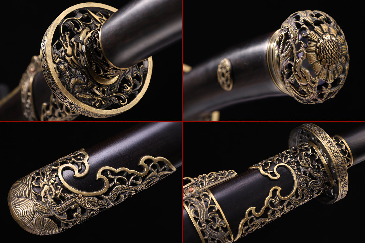 Solid Ebony Wood Hollow Relief Brass Fittings Vintage  Sword