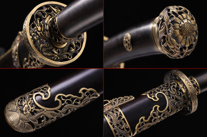 Solid Ebony Wood Hollow Relief Brass Fittings Vintage  Sword