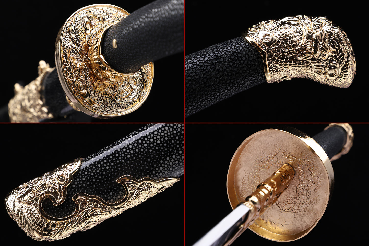 Black Ray Skin Hollow Relief Gold Plated Brass Fittings Sword