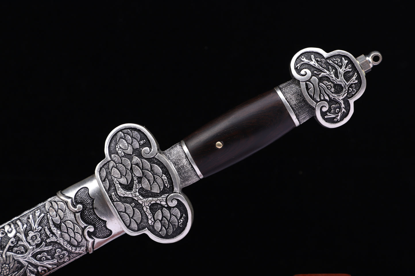 Meteorite Mixed Iron Sanmai Forged Short Sword, Antique Silver Plated Full Carved Copper Scabbard