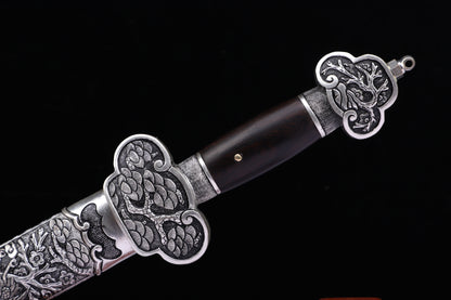 Meteorite Mixed Iron Sanmai Forged Short Sword, Antique Silver Plated Full Carved Copper Scabbard