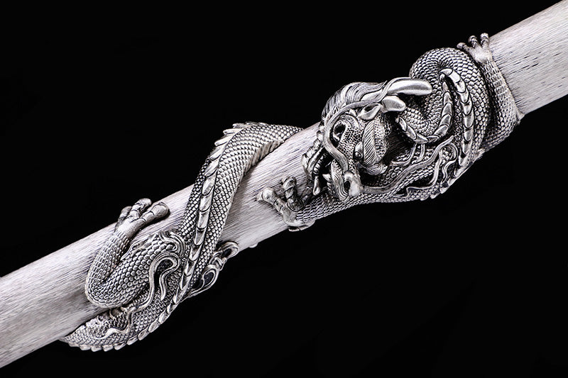 Heritage Series 3D Coiled Dragon Relief Short Sword, Antique Silver Plated Copper Wrapped Wood Saya