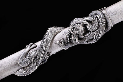 Heritage Series 3D Coiled Dragon Relief Short Sword, Antique Silver Plated Copper Wrapped Wood Saya