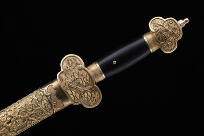 Acid Resistant Steel Engraved Dragon Blade,  Brass Scabbard & Ebony Handle Collectible Dagger