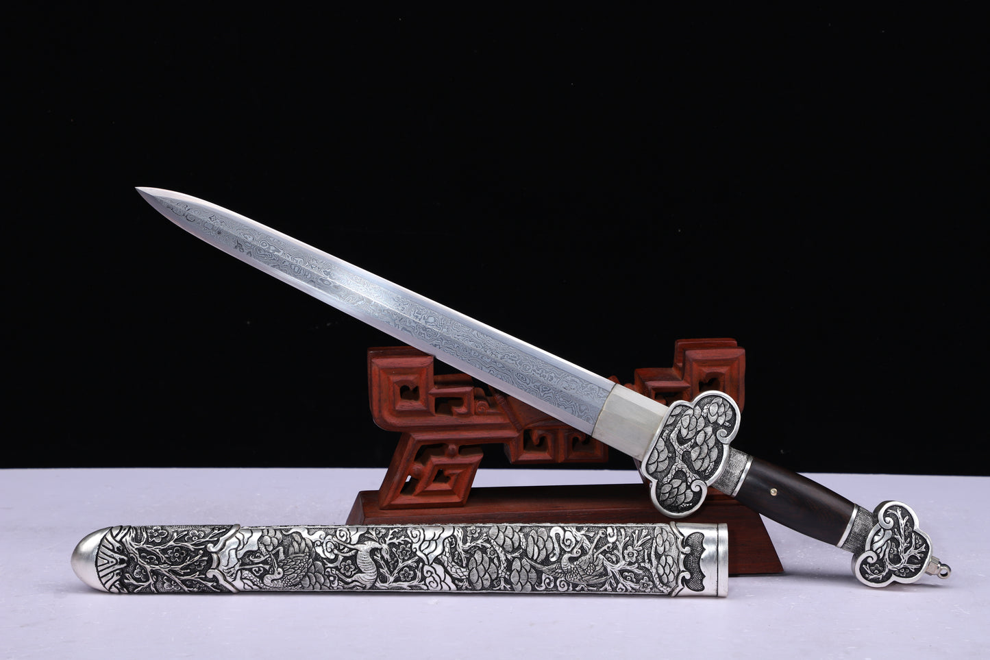 Meteorite Mixed Iron Sanmai Forged Short Sword, Antique Silver Plated Full Carved Copper Scabbard