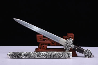 Meteorite Mixed Iron Sanmai Forged Short Sword, Antique Silver Plated Full Carved Copper Scabbard