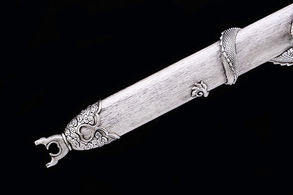 Heritage Series 3D Coiled Dragon Relief Short Sword, Antique Silver Plated Copper Wrapped Wood Saya