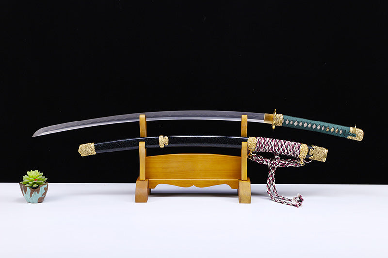 Green handle hand forged katana lifestyle display - Japanese samurai sword full set