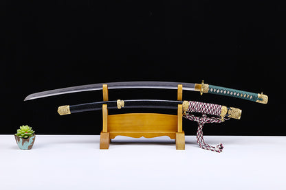Green handle hand forged katana lifestyle display - Japanese samurai sword full set