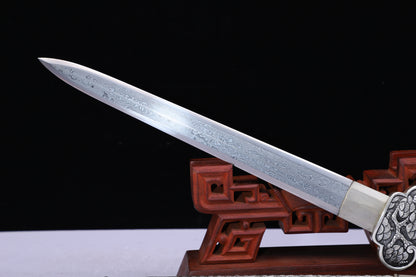 Meteorite Mixed Iron Sanmai Forged Short Sword, Antique Silver Plated Full Carved Copper Scabbard