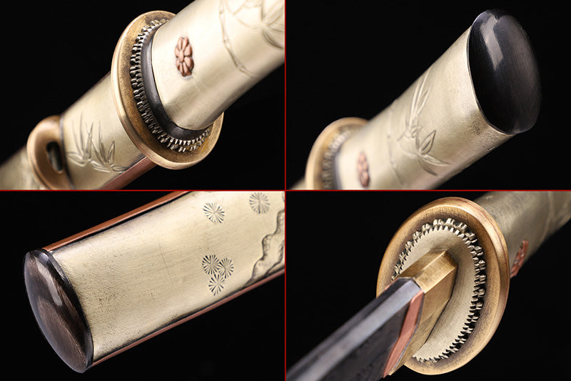 Plum & Bamboo Engraved Damascus Short Sword