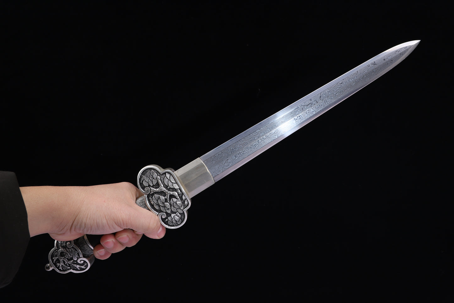 Meteorite Mixed Iron Sanmai Forged Short Sword, Antique Silver Plated Full Carved Copper Scabbard