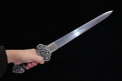 Meteorite Mixed Iron Sanmai Forged Short Sword, Antique Silver Plated Full Carved Copper Scabbard