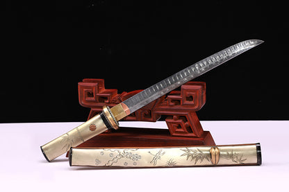 Plum & Bamboo Engraved Damascus Short Sword