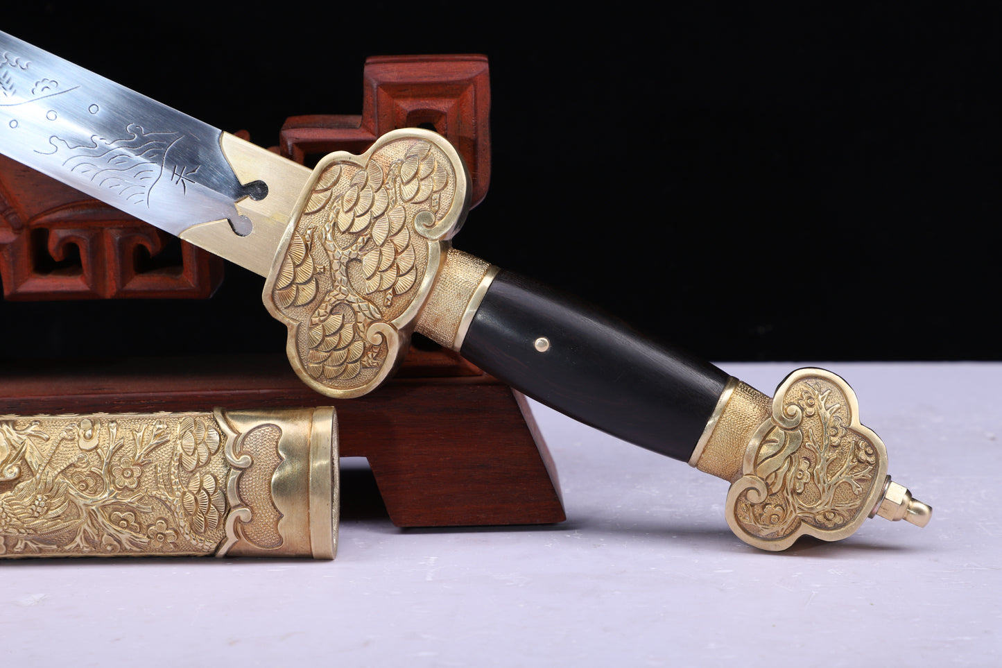 Acid Resistant Steel Engraved Dragon Blade,  Brass Scabbard & Ebony Handle Collectible Dagger