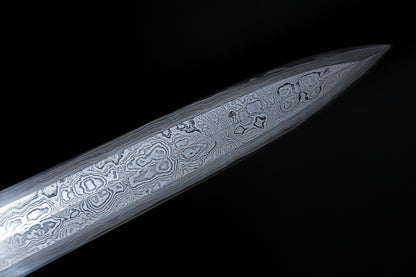 Meteorite Mixed Iron Sanmai Forged Short Sword, Antique Silver Plated Full Carved Copper Scabbard