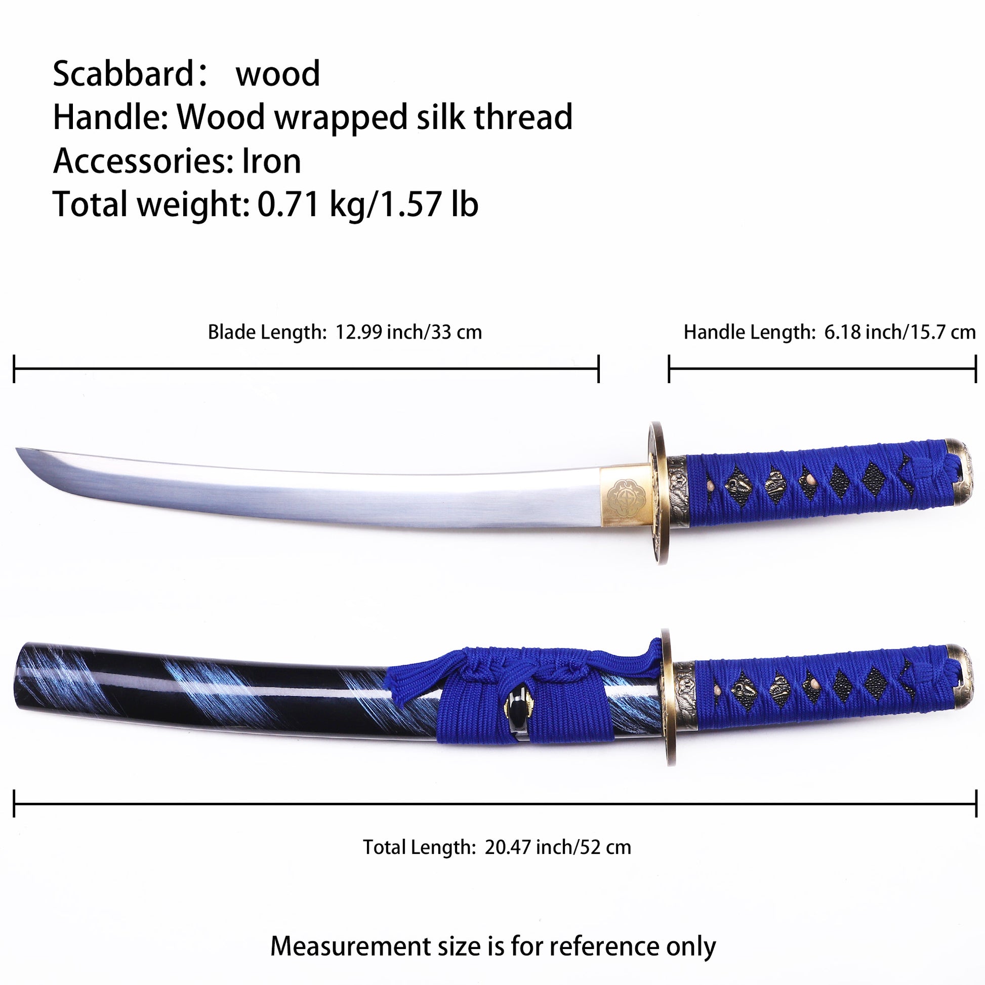 Blue handle black pattern tanto Full length dimension diagram