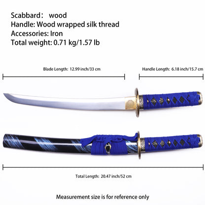 Blue handle black pattern tanto Full length dimension diagram