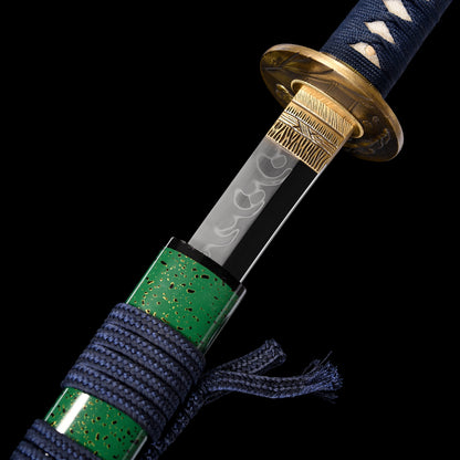 T10 steel katana hamon close-up - clay tempered wavy temper line detail