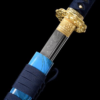 T10 steel katana hamon close-up - clay tempered wavy temper line detail