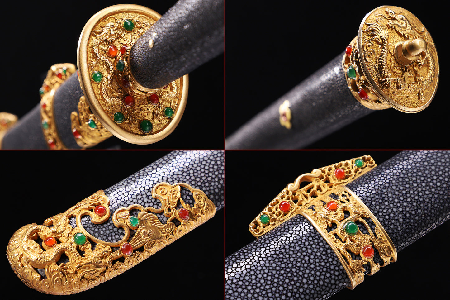 Full Wrapped Black Ray Skin Hollow Gilded Dragon Gem Inlaid Brass Fittings Sword
