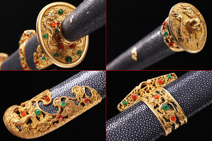 Full Wrapped Black Ray Skin Hollow Gilded Dragon Gem Inlaid Brass Fittings Sword