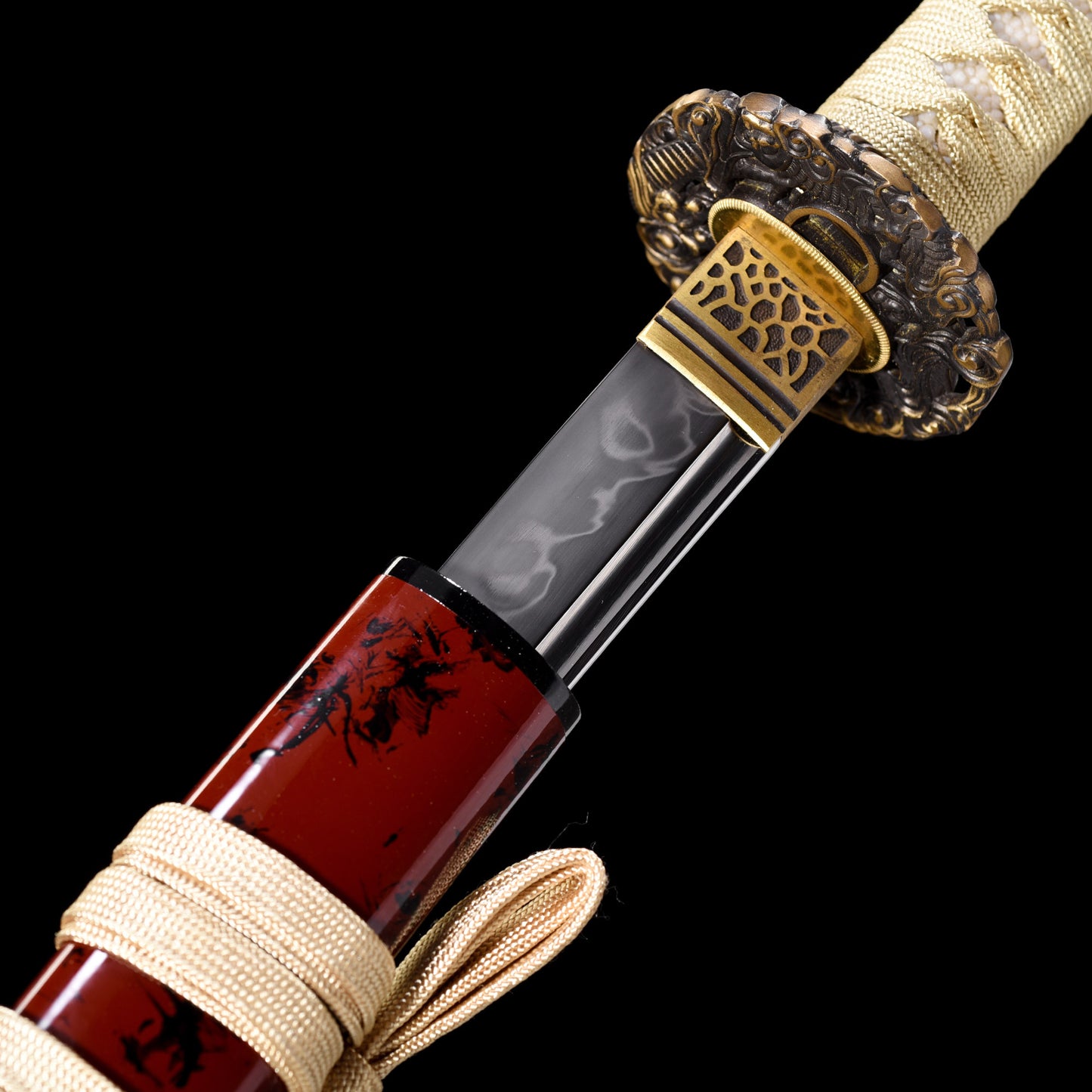 T10 steel katana hamon close-up - clay tempered wavy temper line detail