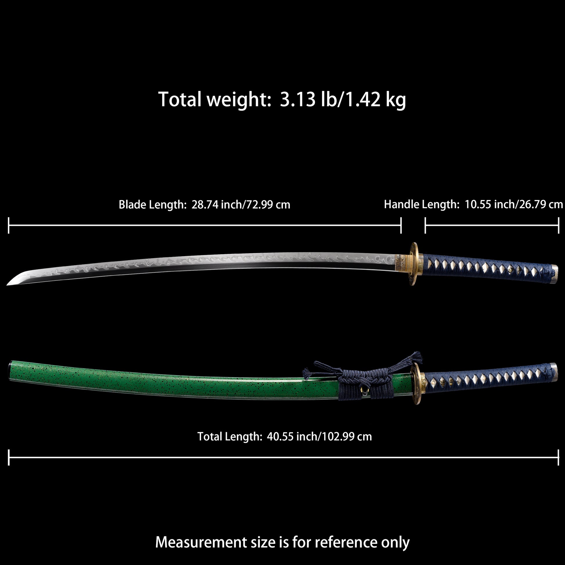 Katana sword 41 inch T10 steel clay tempered full tang - Size chart