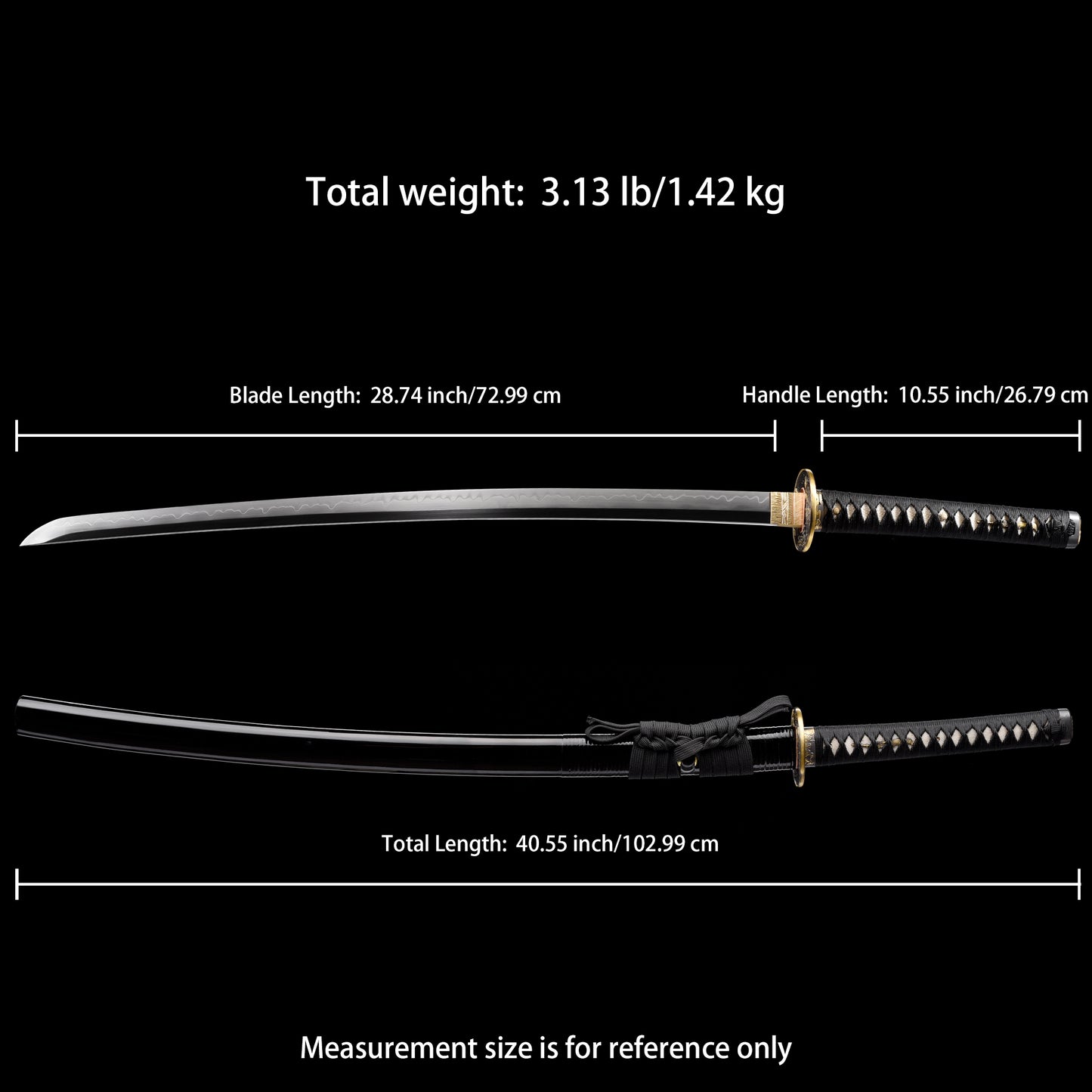 Katana sword 41 inch T10 steel clay tempered full tang - Size chart