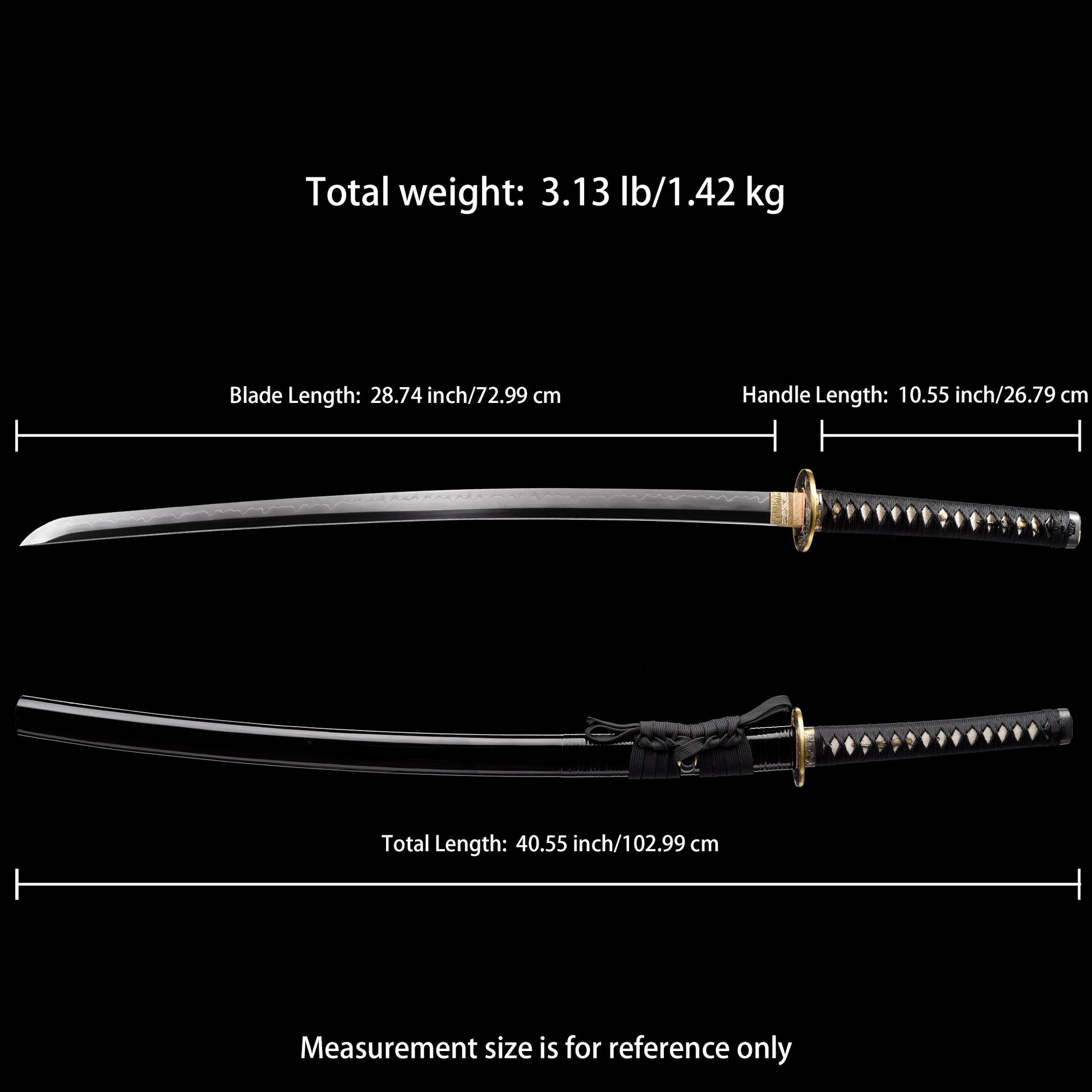 Katana sword 41 inch T10 steel clay tempered full tang - Size chart