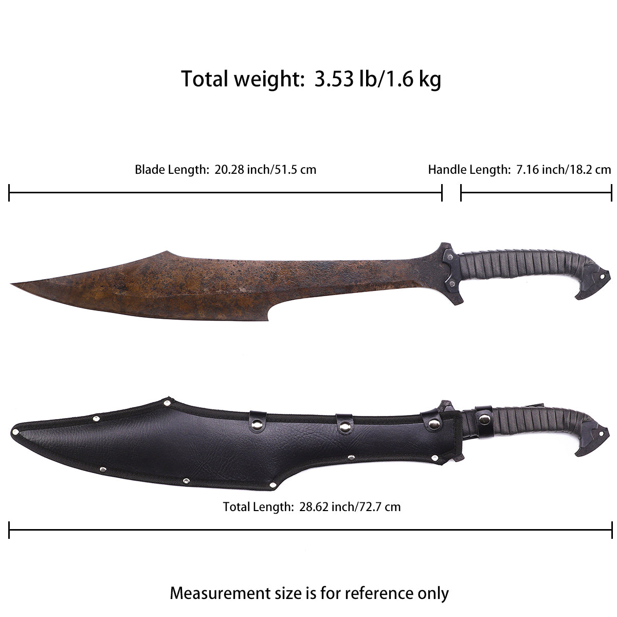 Spartan warrior sword replica with leaf-shaped blade- Size chart