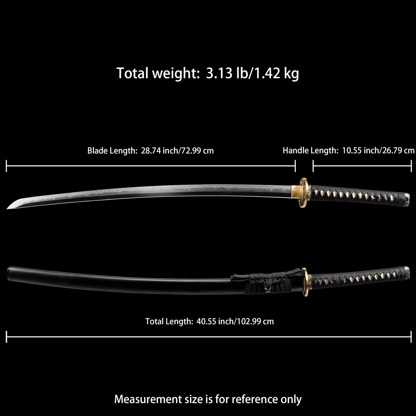 Katana sword 41 inch T10 steel clay tempered full tang - Size chart