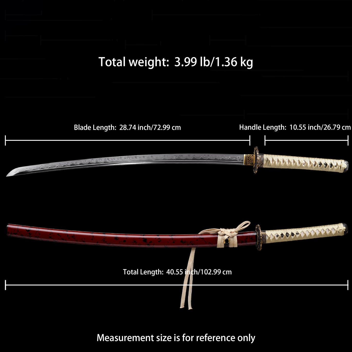 Katana sword 41 inch T10 steel clay tempered full tang - Size chart