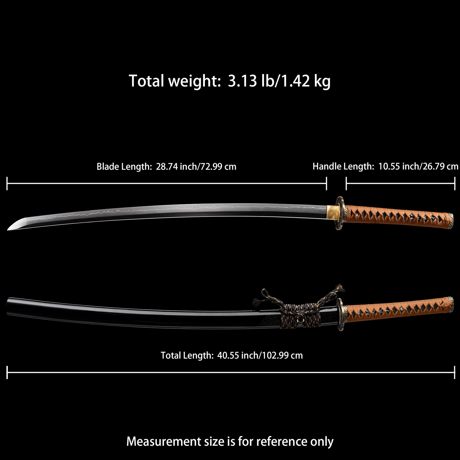 Katana sword 41 inch T10 steel clay tempered full tang - Size chart
