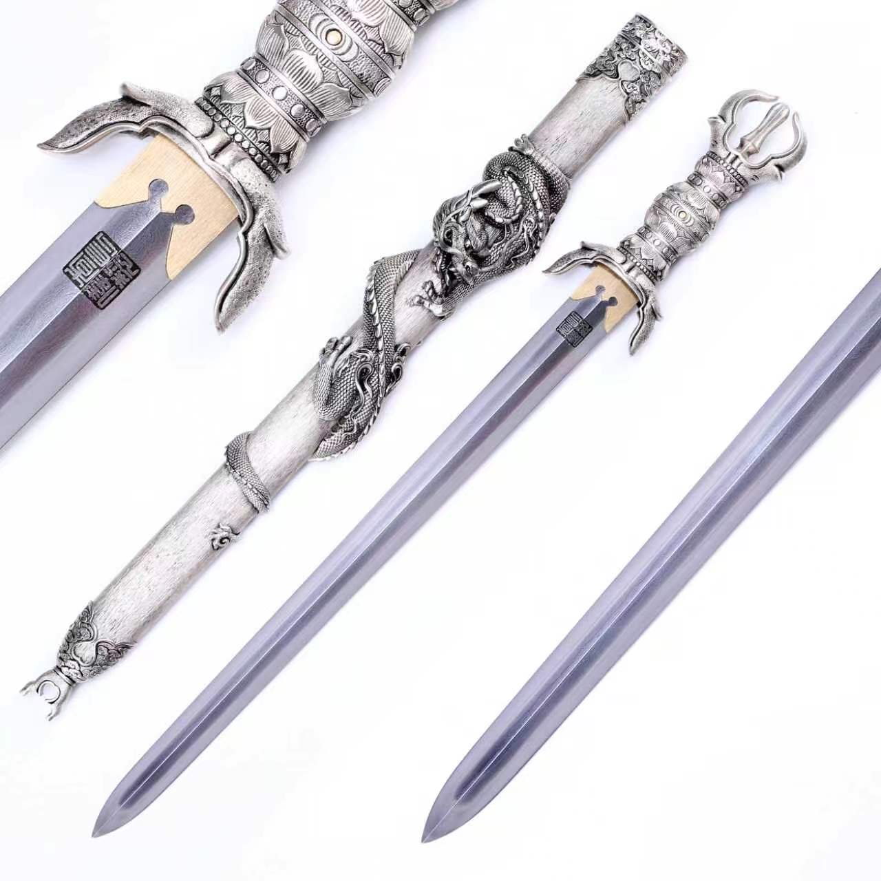 Heritage Series 3D Coiled Dragon Relief Short Sword, Antique Silver Plated Copper Wrapped Wood Saya