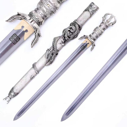 Heritage Series 3D Coiled Dragon Relief Short Sword, Antique Silver Plated Copper Wrapped Wood Saya