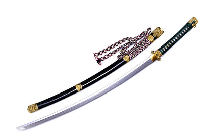 Green handle hand forged katana side profile - full tang hand forged steel blade
