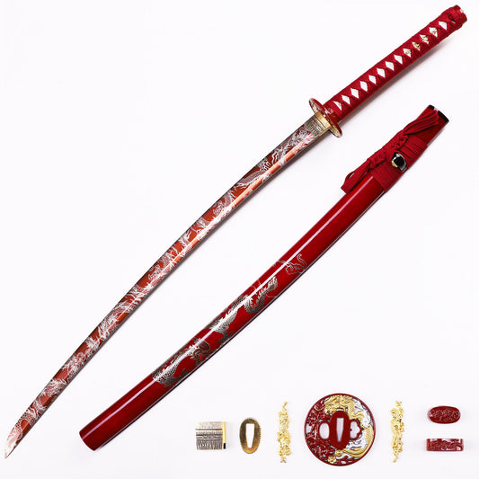 Red Dragon Japanese samurai sword katana full length view - red blade design
