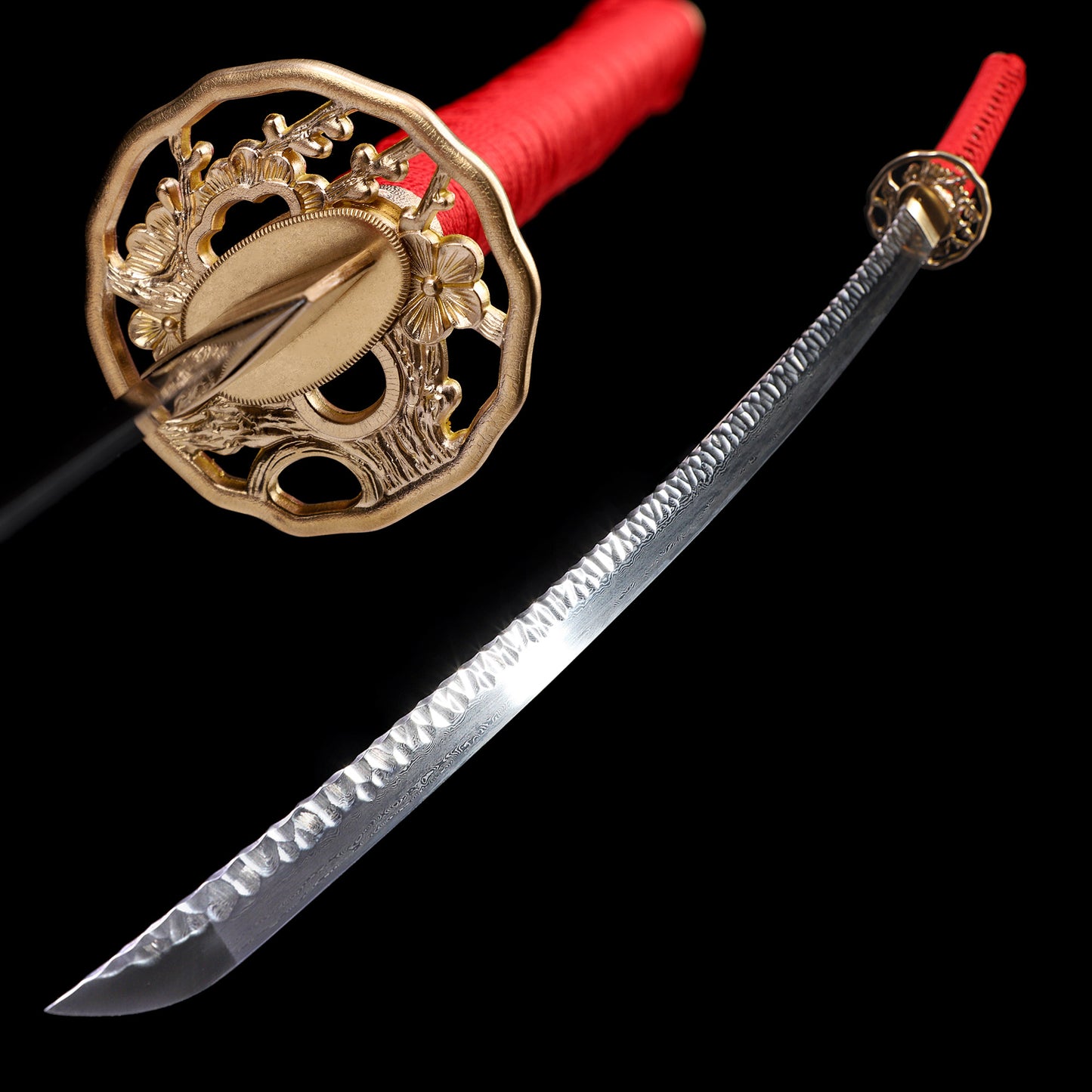 Hand-Forged Damascus Steel Katana with Hammered Blade, Red Handle & Black Saya