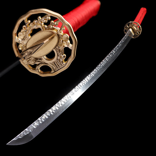 Hand-Forged Damascus Steel Katana with Hammered Blade, Red Handle & Black Saya