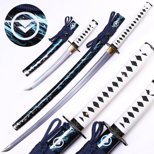 White Handle & Blue Flame Pattern Samurai Sword Set, Short & Long Versions