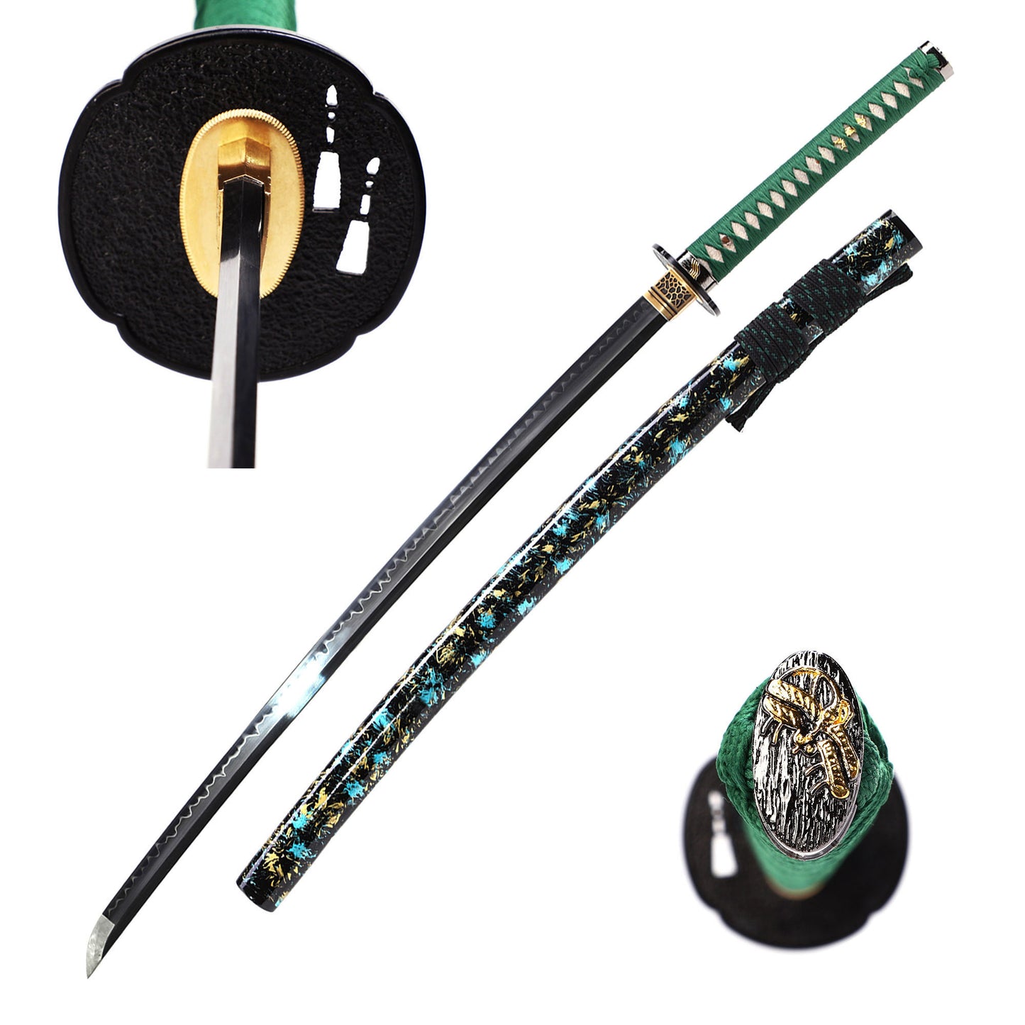 Green handle floral pattern katana with saya scabbard - full set view