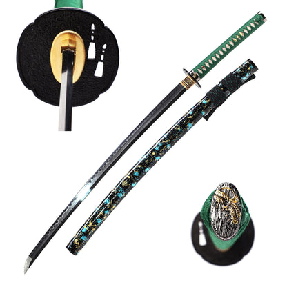 Green handle floral pattern katana with saya scabbard - full set view