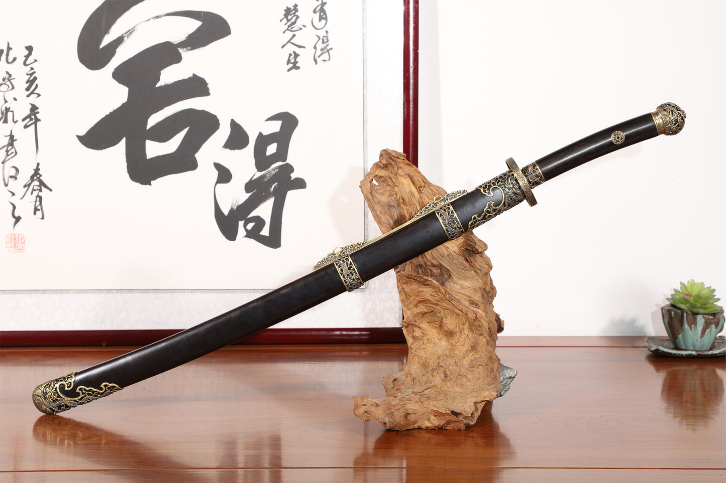 Solid Ebony Wood Hollow Relief Brass Fittings Vintage  Sword