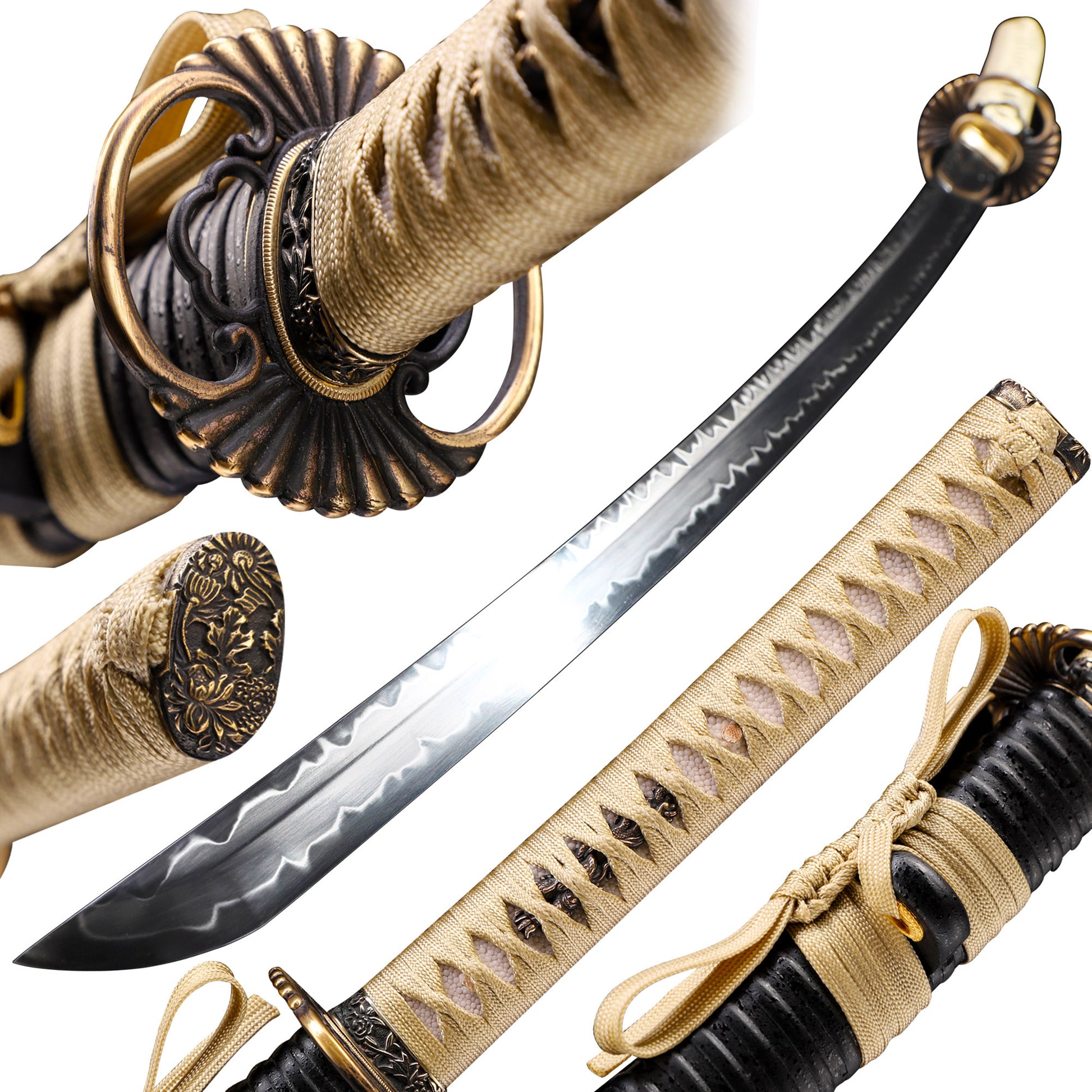T10 steel double hamon katana beige handle matte saya full length view - clay tempered