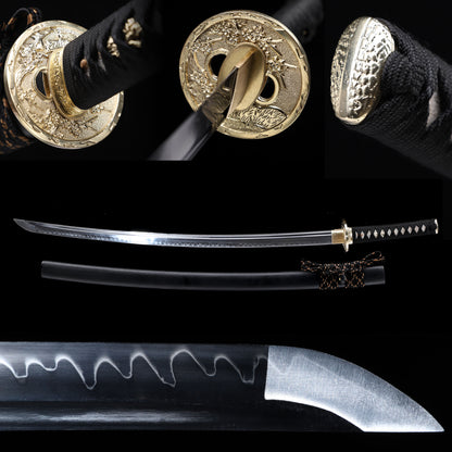 High Carbon Steel Clay Tempered Katana, Matte Black Lacquer Saya