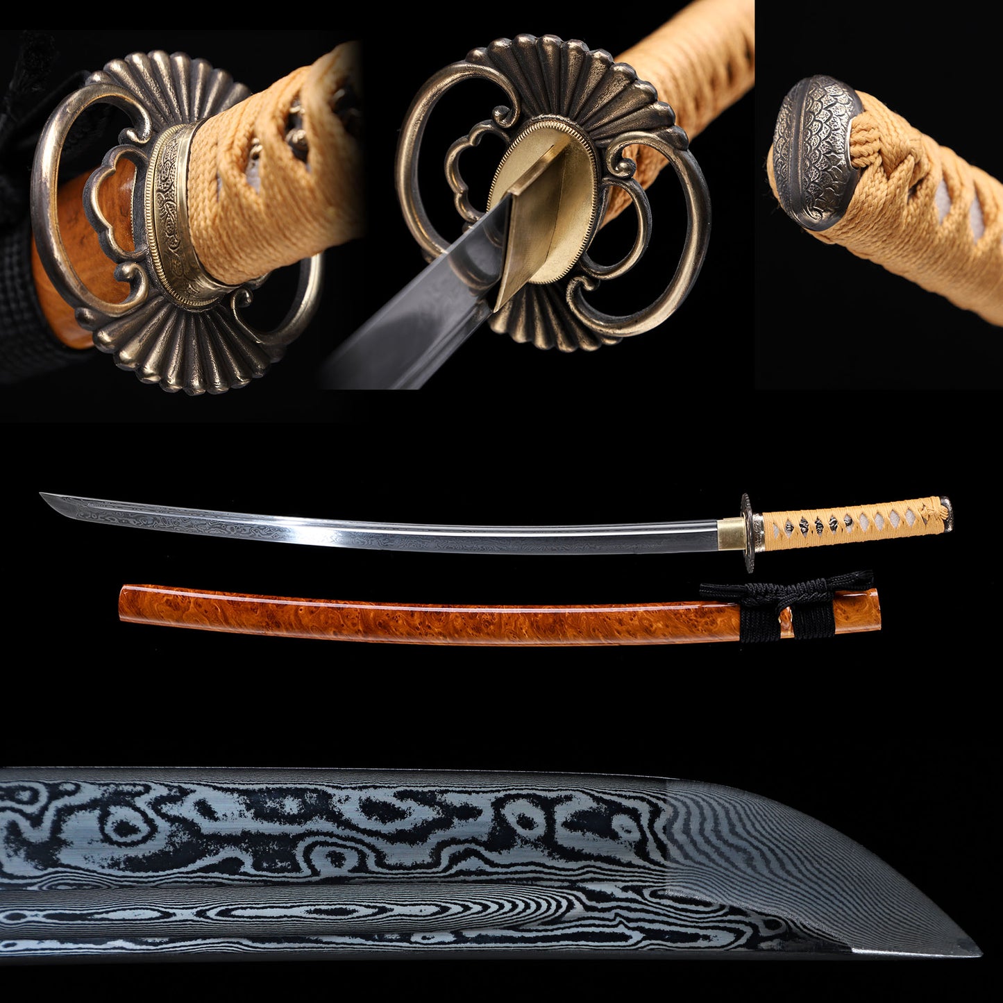 Damascus Steel Engraved Blade Katana, Burl Wood Grain Lacquer Saya