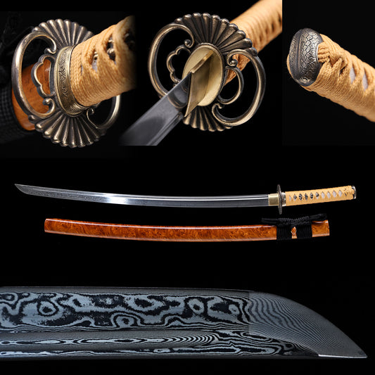 Damascus Steel Engraved Blade Katana, Burl Wood Grain Lacquer Saya