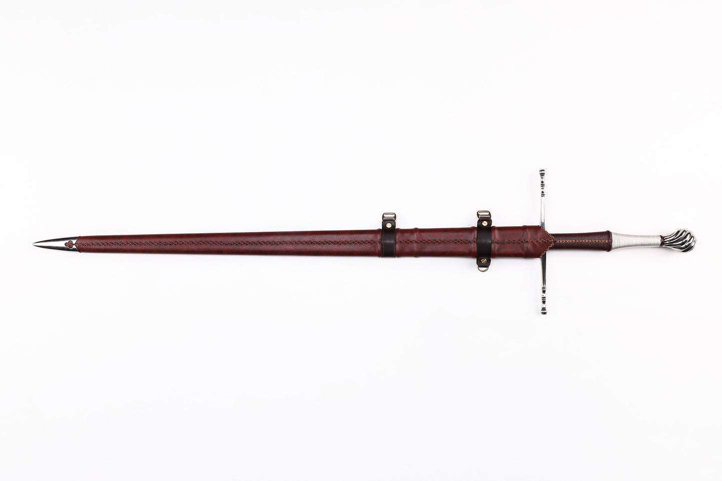 Medieval European Two Handed Sword, Vintage Crossguard Twisted Pommel Leather Scabbard